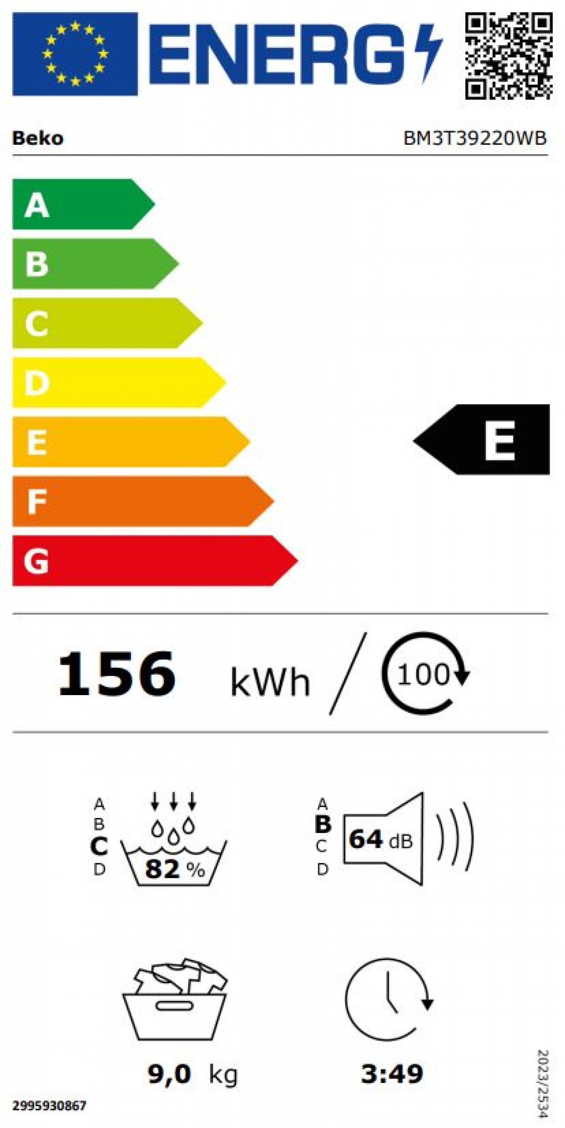 Máquina de Secar Roupa Beko BM3T39220WB 9kg Classe E